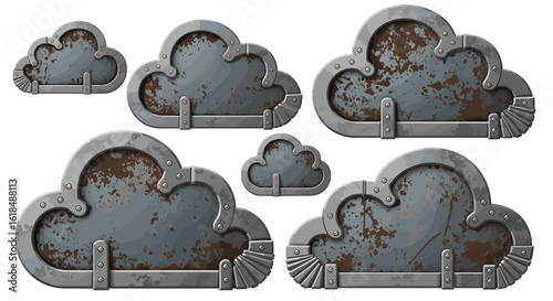 Illustration of several metal cloud shapes with a rustic texture and steampunk design elements spread out