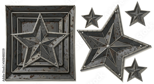 Illustration of metallic star shapes with rivets and a rectangular frame with nested star design