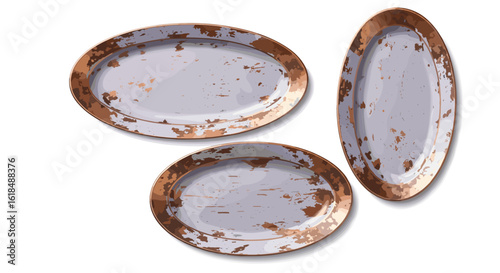 Three decorative plates with distressed gold rims arranged on a white background in a still life composition