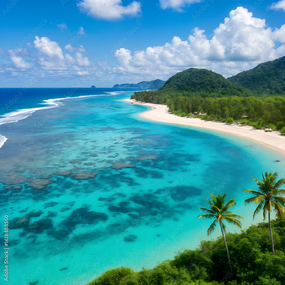 Fototapeta premium A stunning tropical beach with crystal-clear blue waters, white sand, and lush vegetation. The mountains in the background are covered in dense forest, and the sky is blue, suggesting a serene and pic