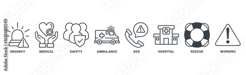 Emergency icon set vector concept with icon of urgency, medical, safety, ambulance, sos, hospital, rescue, warning
