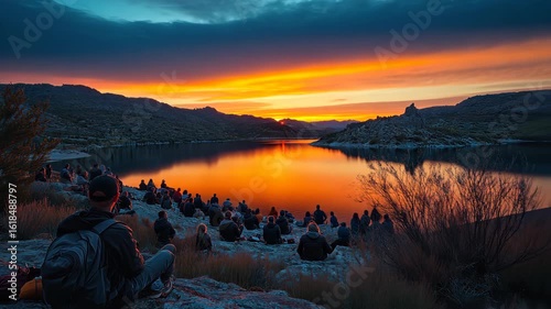 Spectacular Sunrise over Calm Lake with People Watching
