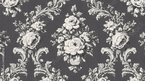 Intricate monochrome floral damask pattern featuring detailed roses elegant scrolls a textured dark gray background.