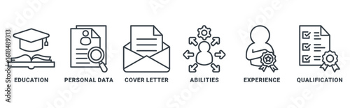Curriculum Vitae icon set vector concept with icon of education, personal data, cover letter, abilities, experience, qualifications