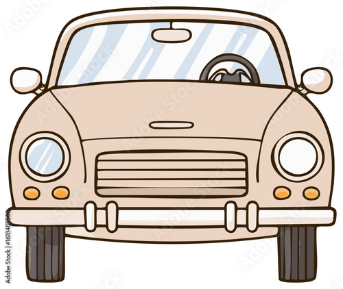 Cartoon Style Illustration Featuring a Classic Beige Car Viewed from the Front View