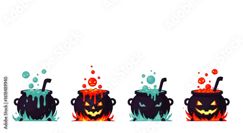 Collection of four cartoon Halloween cauldrons with spooky faces bubbling potions and magical flames.