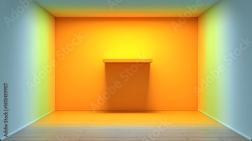 A brightly lit, minimalist room features an empty orange shelf against a vibrant orange wall, showcasing a clean modern aesthetic.