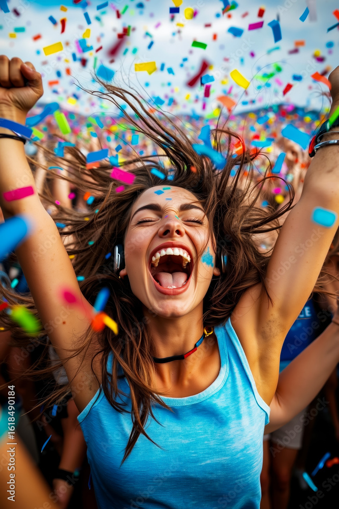 Obraz premium A woman with her hair blowing in the wind at a music festival