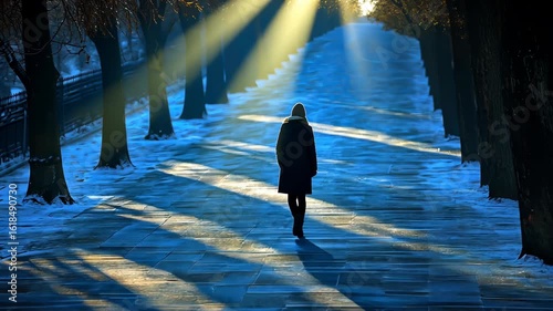 Solitary Winter Stroll: A Woman Walks Alone Down a Sun-Drenched Path