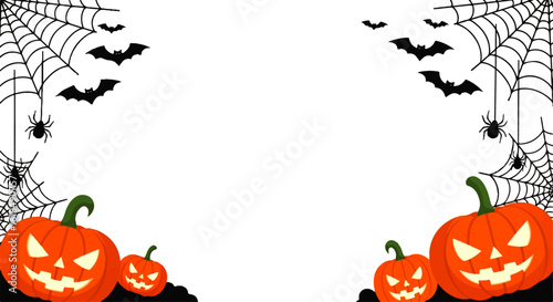 Spooky Halloween frame with grinning Jack-o-lanterns spiders on webs and flying bats.