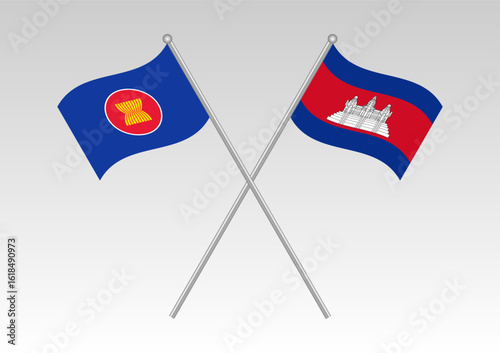 Flag of ASEAN with Flag of Cambodia. ASEAN Economic Community (AEC). Vector Illustration. 