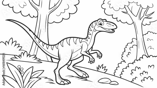 Vector Cartoon funny Velociraptor, funny image in the forest, Coloring book page for children. Line Art isolated on white background