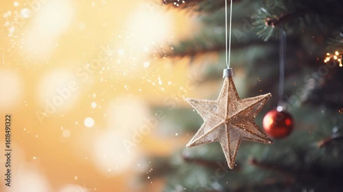 Golden star ornament hanging on a Christmas tree with soft glowing lights and bokeh in the background.