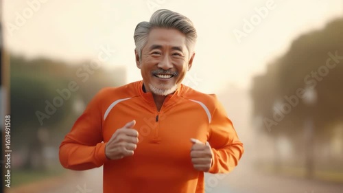Smiling man with gray hair running outdoors in an orange shirt on a path with blurred trees and soft light