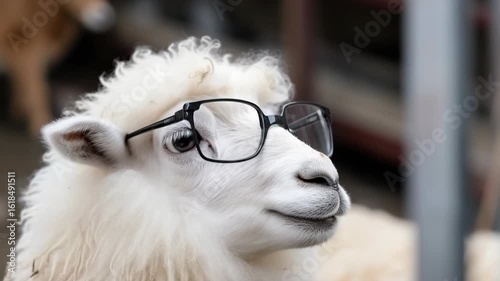 A fluffy white sheep wearing eyeglasses looks thoughtfully forward, standing outdoors.