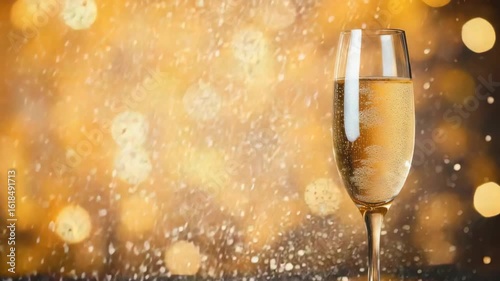 Elegant glass filled with bubbly golden drink, surrounded by sparkling festive lights for New Year celebrations and warm holiday cheer.