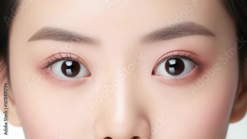 Clear eyes with dark pupils and natural brows showing subtle makeup on fair skin.