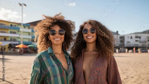 Two smiling women with curly hair wear sunglasses on a sunny beach with colorful buildings in the background.