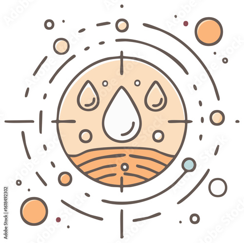 Illustration of Water Drops Inside a Circle with Lines Representing Hydration, Moisture, and Dermatology