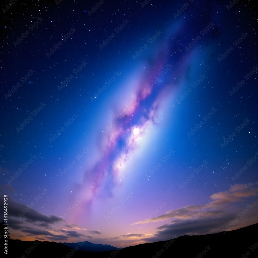 Naklejka premium 새벽 밤하늘에 수놓인 은하수 별똥별 유성 별자리 별 판타지 Milky Way shooting star, meteor constellation, star fantasy embroidered in the night sky at dawn