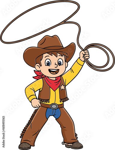 Cartoon cowboy boy with lasso, wild west costume, sheriff star, smiling character, rope action, western outfit, children illustration