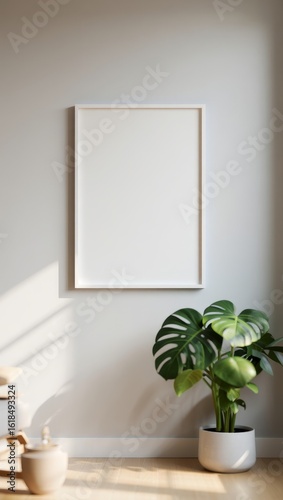 Blank white poster frame mockup on a light wall with a monstera plant