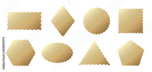 Gold Foil Stickers Set. y2k Golden Holograph Textured Geometric Seal Mark Shapes with Wavy Wiggled Borders Collection. Vector Circle and Square Medal Iridescent Certificate Tags Templates. Isolated