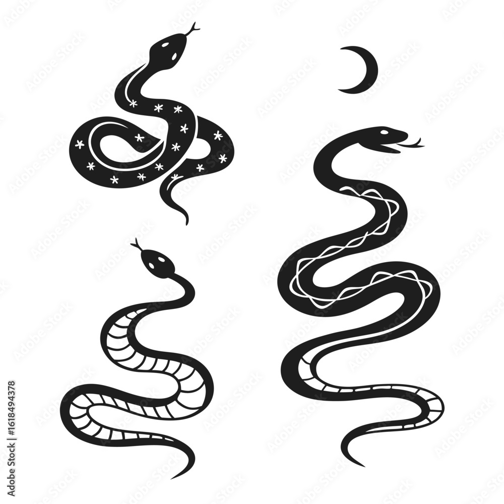 Fototapeta premium Stylized black snakes and crescent moon serpent reptile