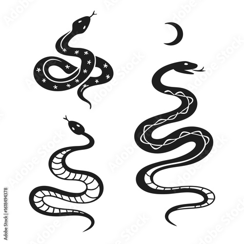 Stylized black snakes and crescent moon serpent reptile