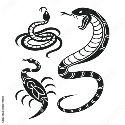 Stylized black snakes and scorpion silhouette tribal