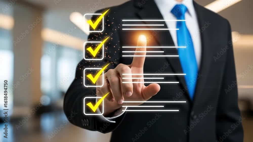 Business Executive Ticking Off Completed Tasks on a Virtual Checklist, Symbolizing Efficiency and Goal Achievement