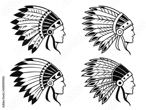 Vector art of a set of native american indian chief headdresses isolated on white background