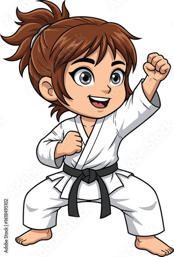 Cute cartoon girl in karate uniform, black belt, martial arts pose, energetic expression, white background, taekwondo fighter, character illustration