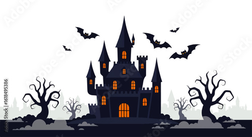 Spooky Dark Blue Halloween Castle with Bats and Bare Trees Illustration.