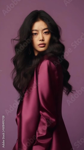 Young woman with long dark hair wearing a silky suit and necklaces poses against a simple purple backdrop. Vertical video.