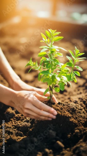 Hands planting a small green plant in rich soil with warm sun shining. Vertical video.