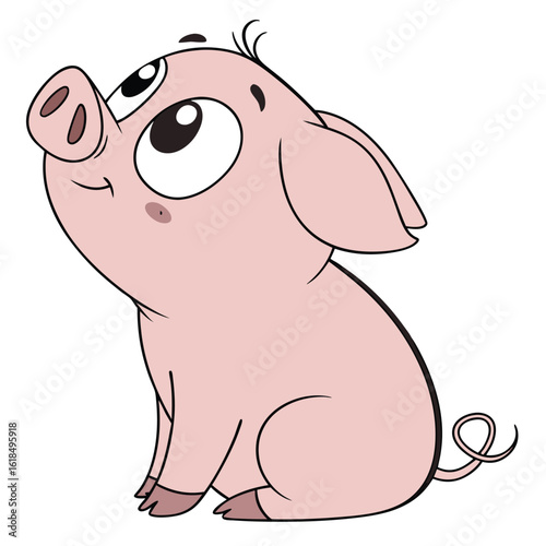 A cute plump pink piglet sits facing left sitting