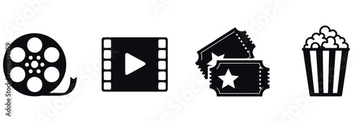 WebVector art of movie icons including a film reel, play button, tickets, and popcorn isolated on white background