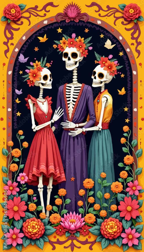 Fototapeta premium Colorful Illustration of a Day of the Dead Altar Scene