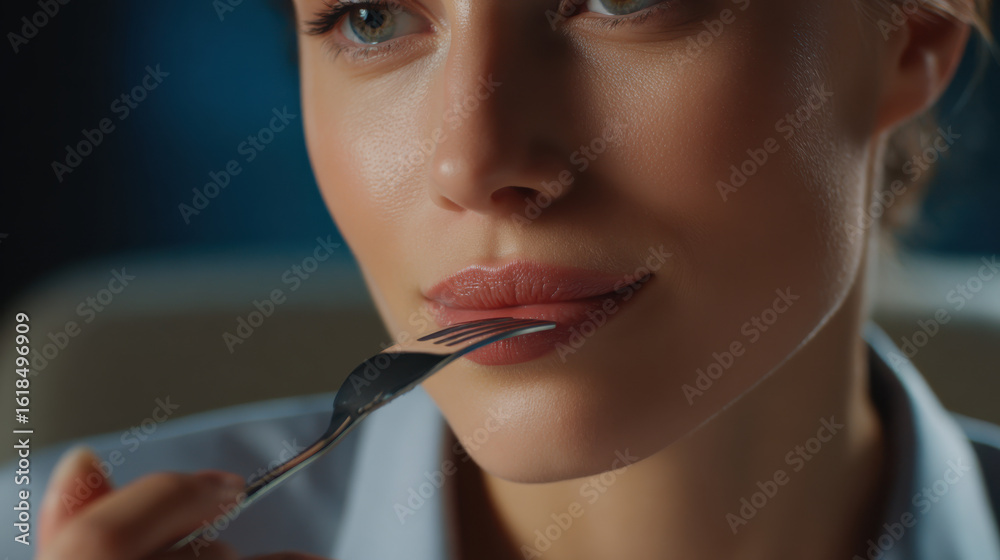 © PixelNexusArt - Mindful Eating Practices type. Close-up of a woman holding a fork near her lips.
