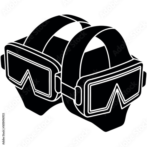 Two stylized black goggles rest closely together, outlined in white, against a transparent background