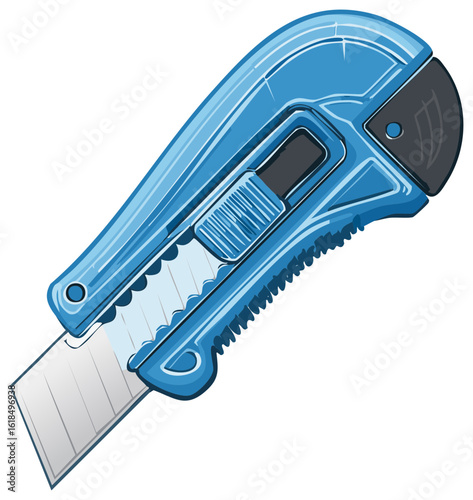 Blue Utility Knife Illustration with Retractable Blade for Cutting and Crafting Tasks