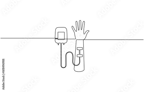 Continuous one line drawing of iv bag - medical blood medical bag, Medical saline drip vector illustration, Medical equipment, World health day.