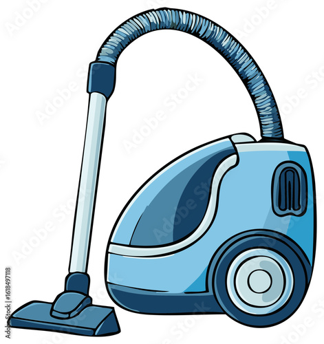 Cartoon of a light blue canister vacuum cleaner with a hose and floor head, vector illustration