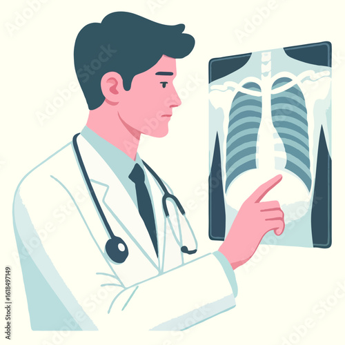 A healthcare professional analyzing a chest spine x-ray image during a medical examination