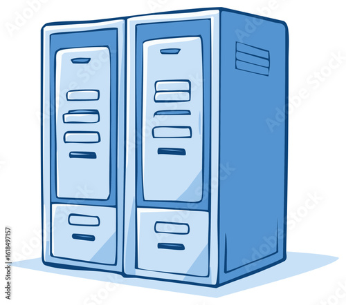 Blue cartoon filing cabinet with multiple drawers for office organization