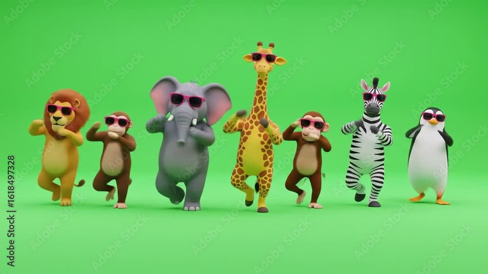Group of different 3D animals all dancing together in sync, all wearing sunglasses, green screen loop