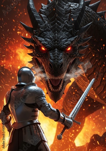 Knight facing dragon fiery battle