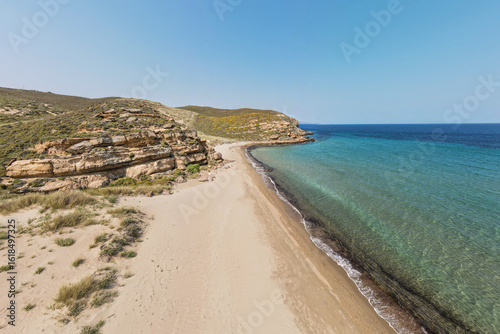Fototapeta Naklejka Na Ścianę i Meble -  Aerial view of Neftina beach at the Greek island of Lemnos in the northern Aegean Sea.