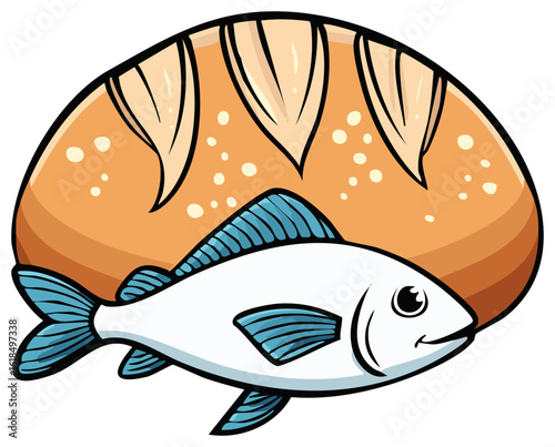 Cartoon illustration of the Christian religious symbol of loaves and fish